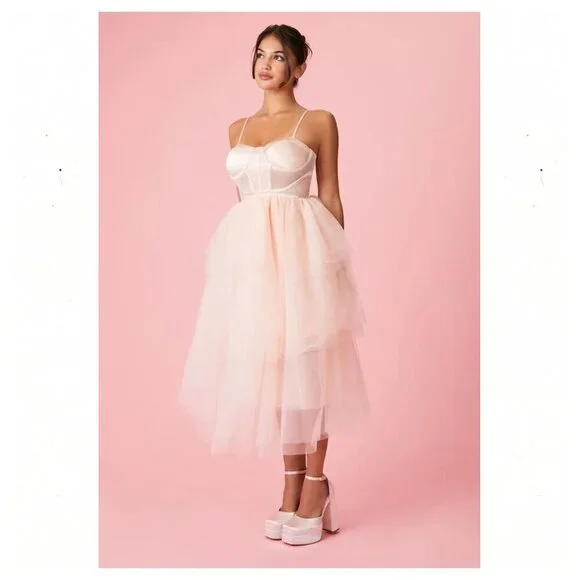 Vintage Dresses | Ballet Pink Satin Corset Bustier Coquette Tiered Tulle Midi Dress | Color: Cream/Pink | Size: S | Thirtythree_3'S Closet